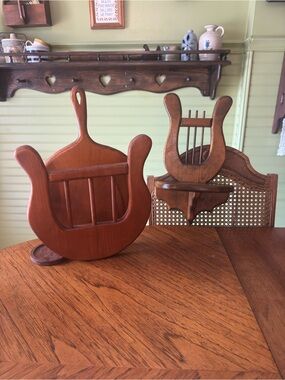 Vintage Rustic Lyre-Style Wooden Wall Shelf & Plate Holder Set